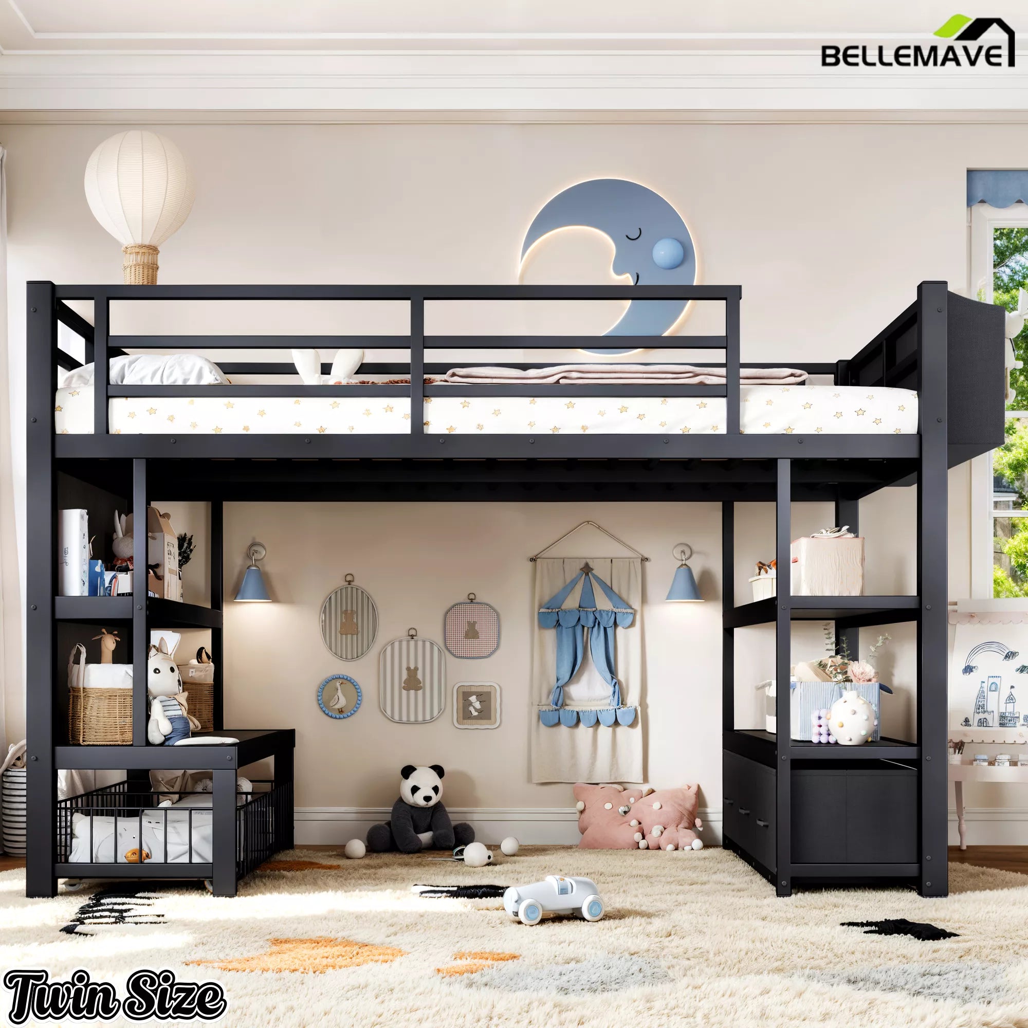 Black twin metal low loft bed with storage drawer