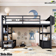 Black twin metal low loft bed with storage drawer