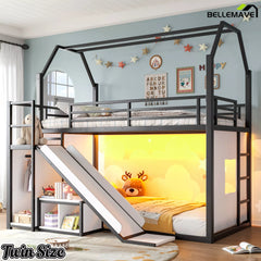 Twin size kids loft bed with storage bag and clothes rack