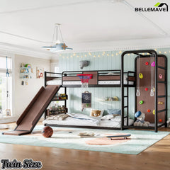 Twin black loft bed with basketball hoop and kids activity features