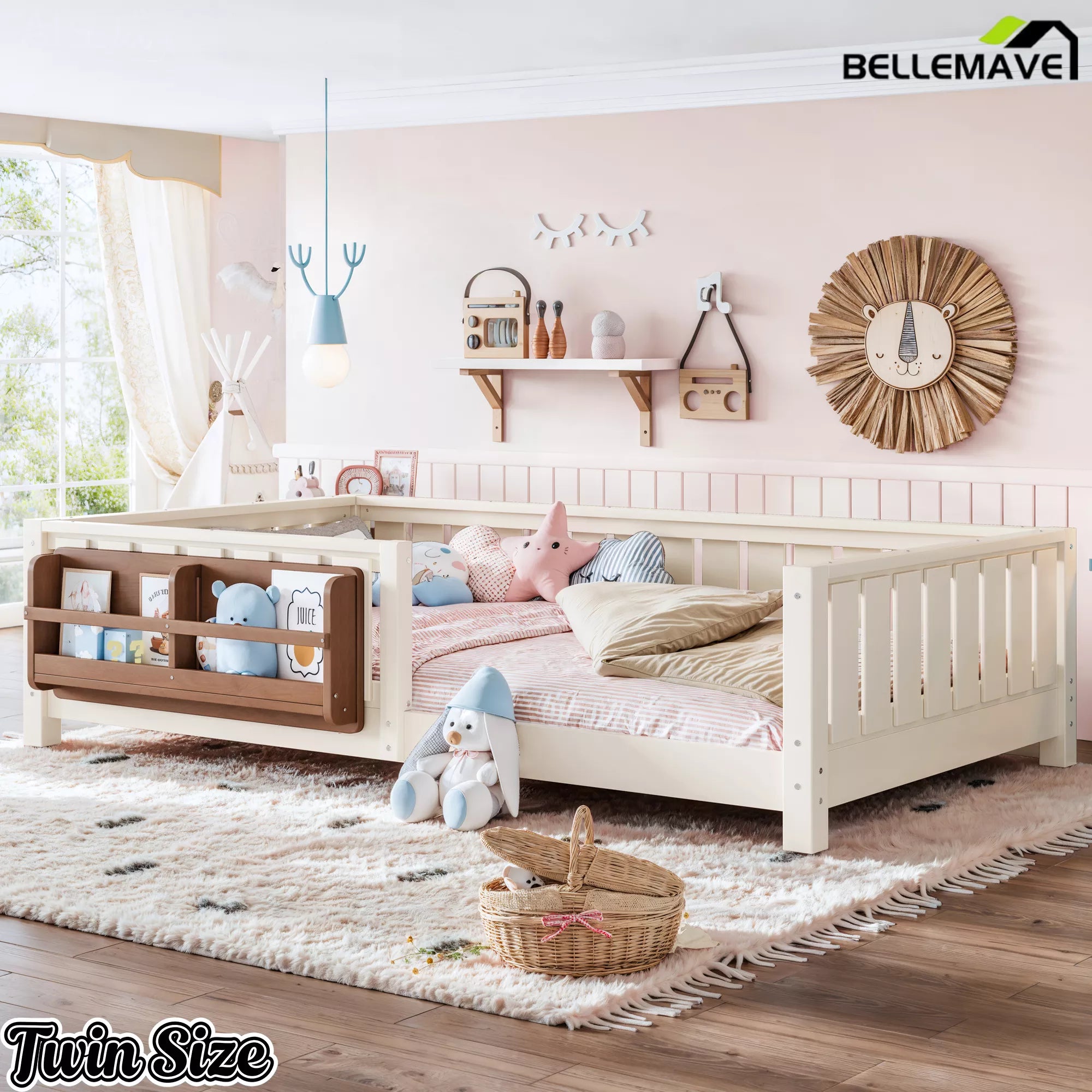 Twin Montessori floor bed with safety guardrails for children