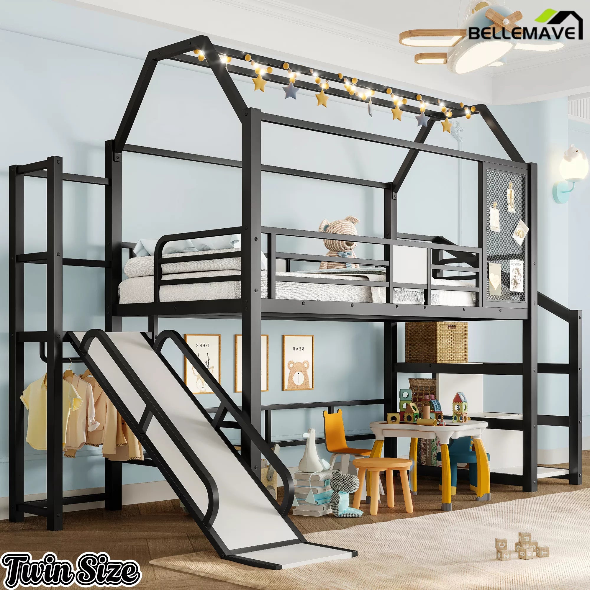 Black twin metal loft bed with house roof design and slide