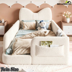 twin size upholstered platform bed with storage pockets