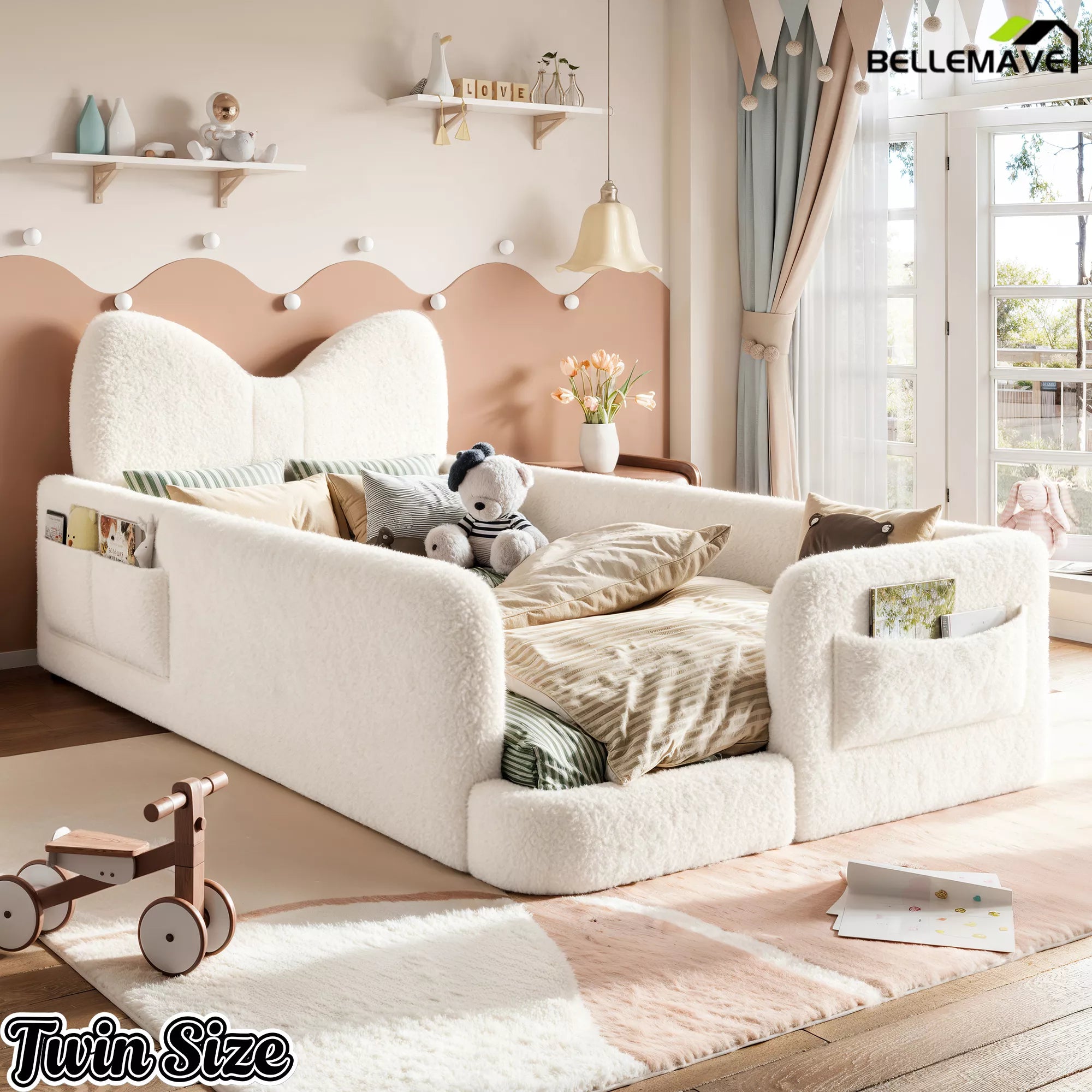 twin kids low floor bed with upholstered frame