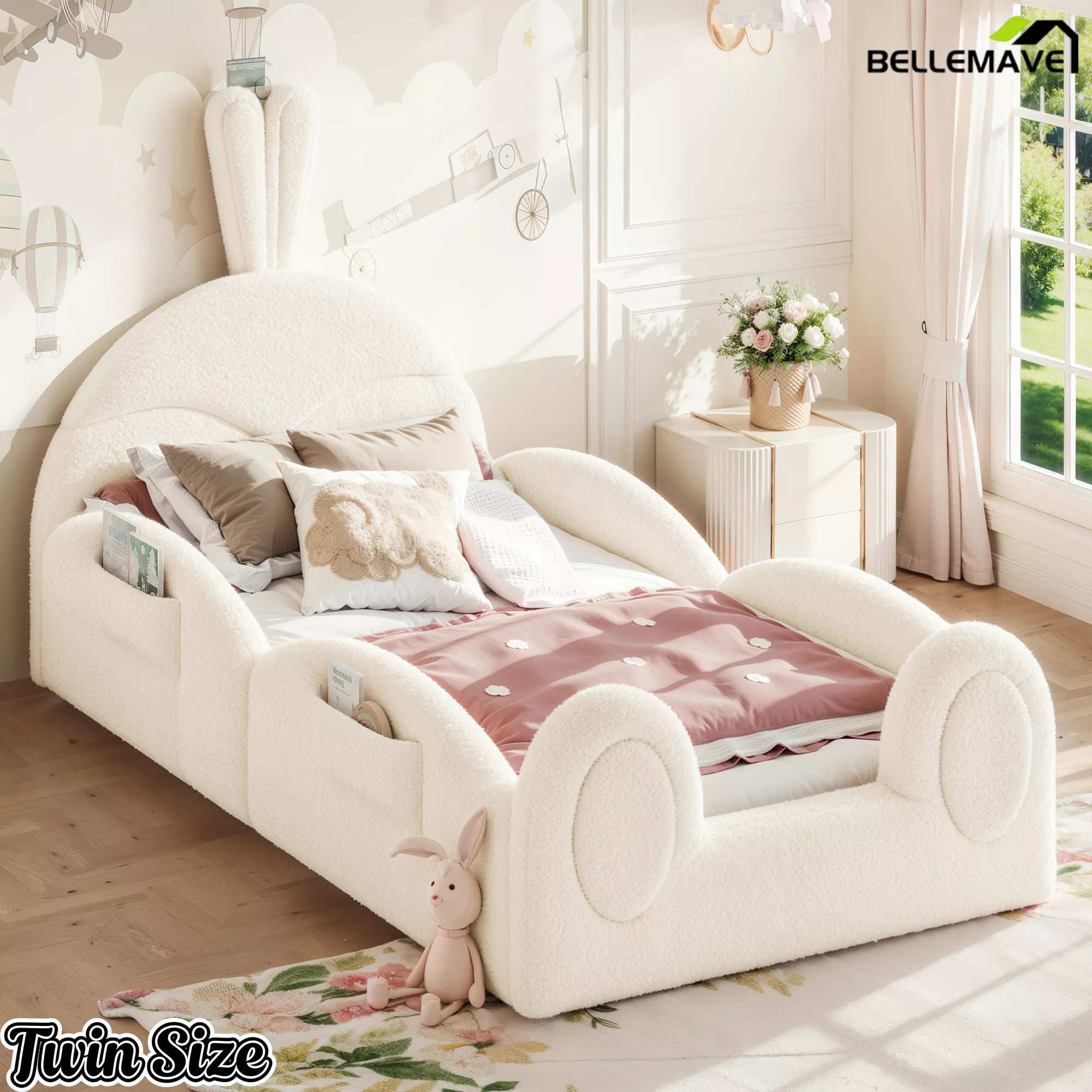 Twin size kids floor bed rabbit headboard bedroom view