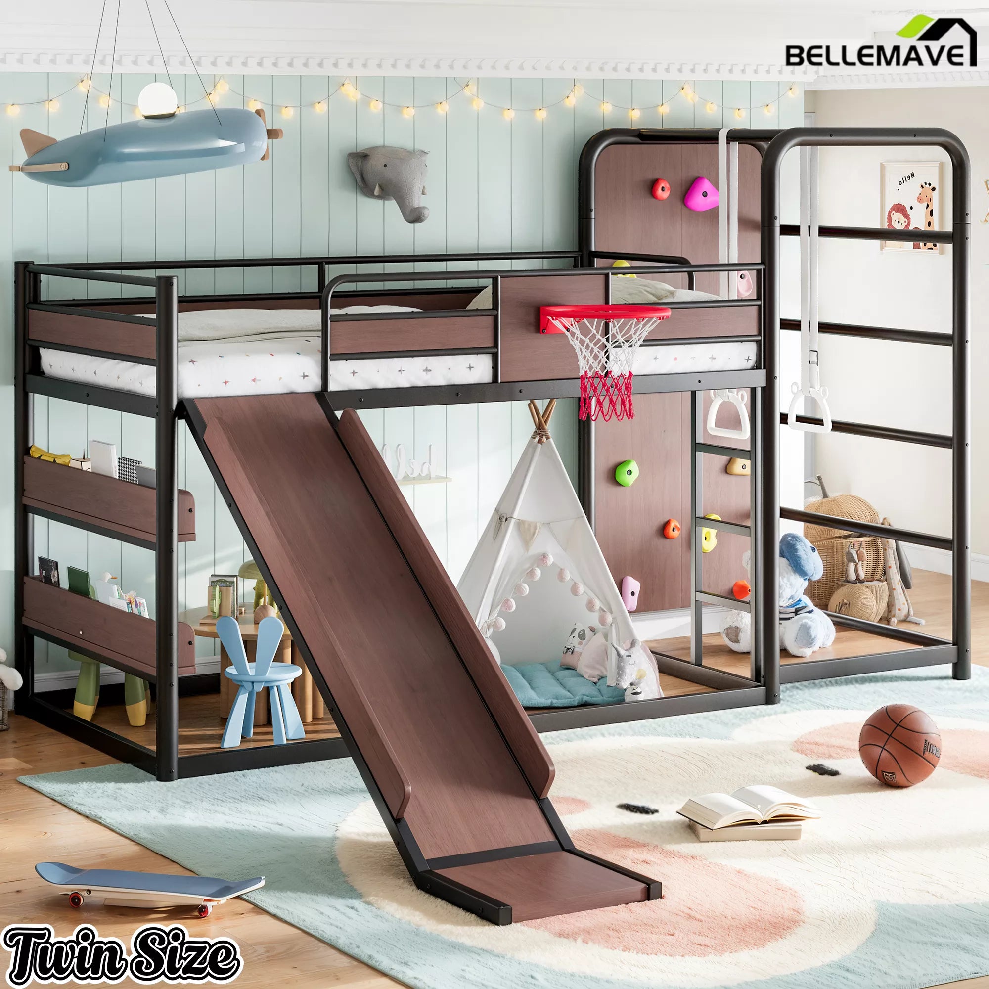 Twin black metal loft bed with slide and climbing wall play area