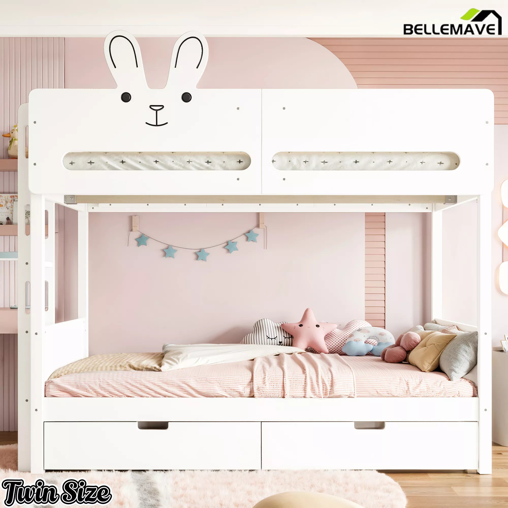 Twin-size white rabbit headboard bunk bed with two storage drawers, front view