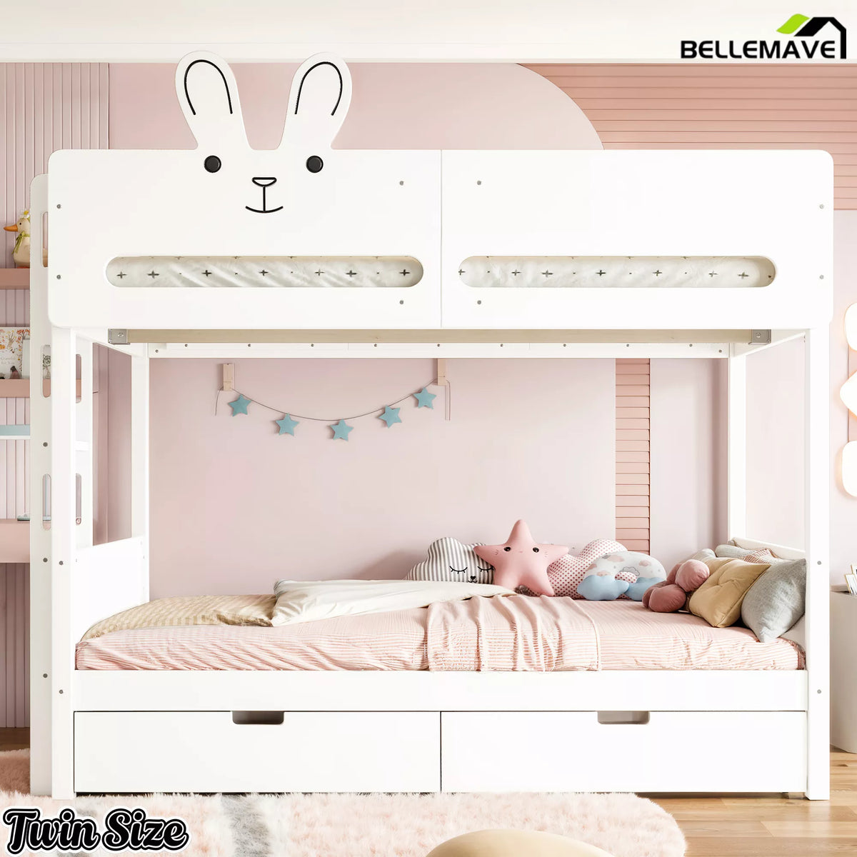 Twin-size white rabbit headboard bunk bed with two storage drawers, front view