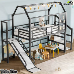 Twin size house loft bed with slide and kids play area