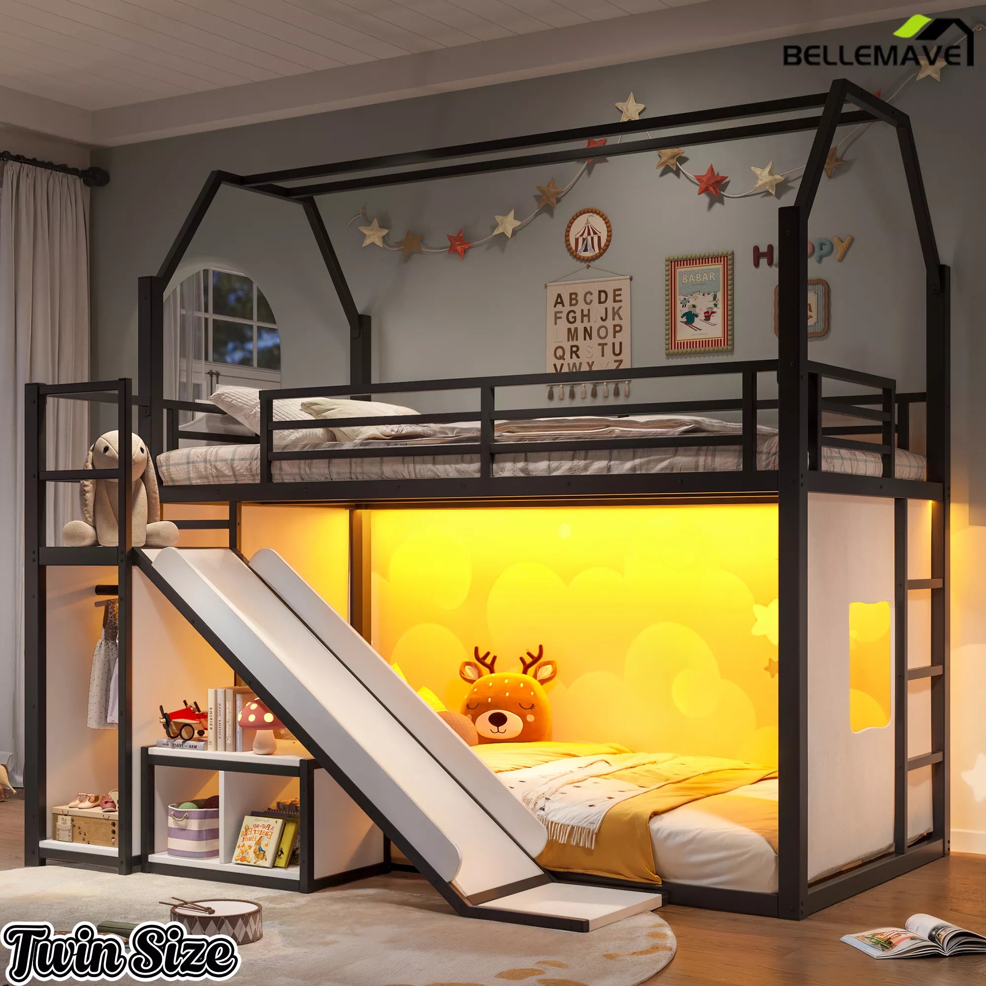 House shaped twin loft bed with slide and ladder design
