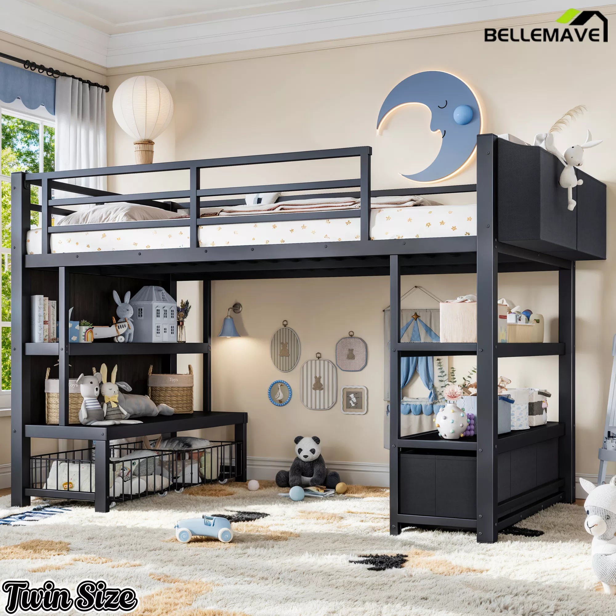 Black twin loft bed frame with bookshelf storage
