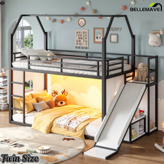 Twin size loft bed with LED play area and metal frame