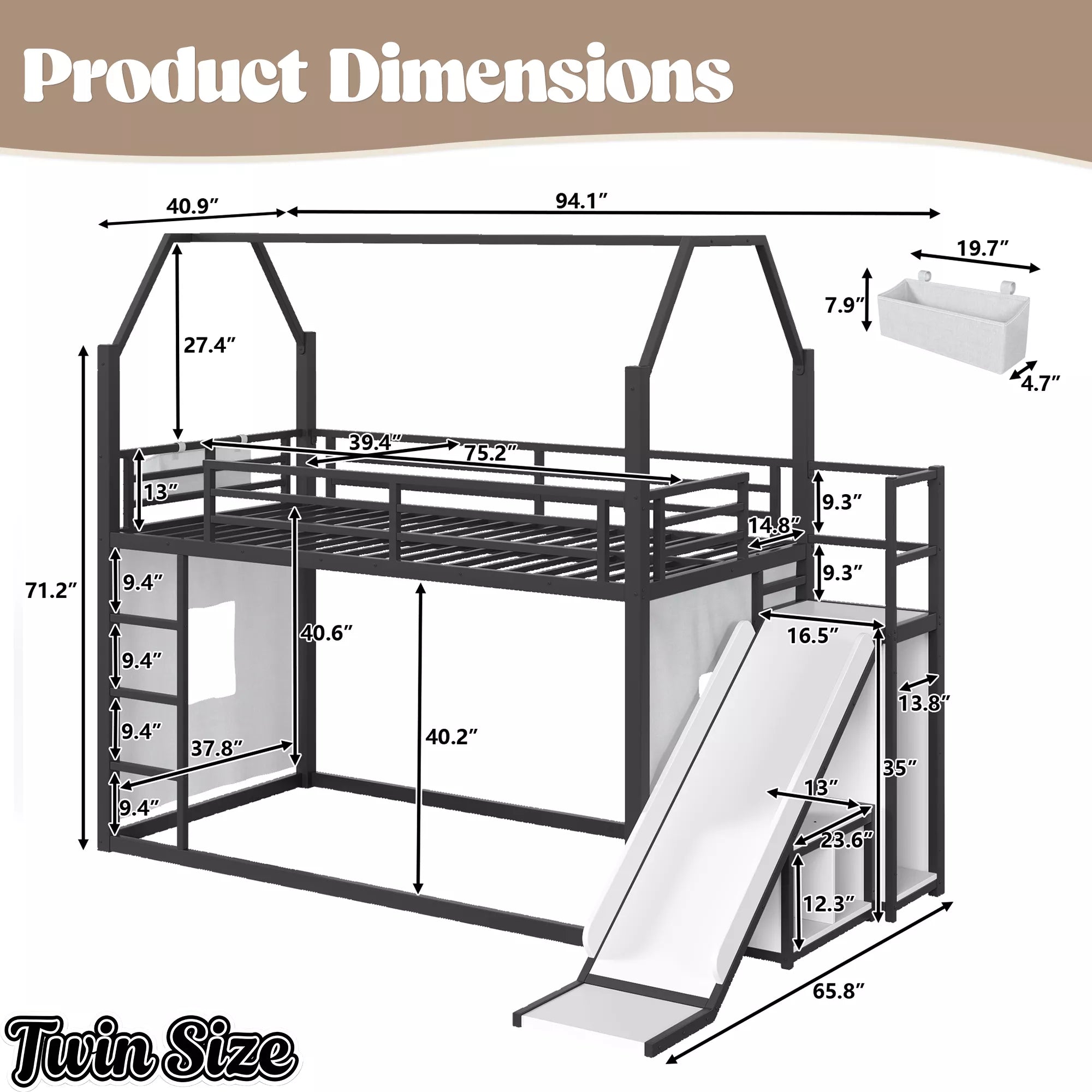 Twin size house loft bed product dimensions with slide
