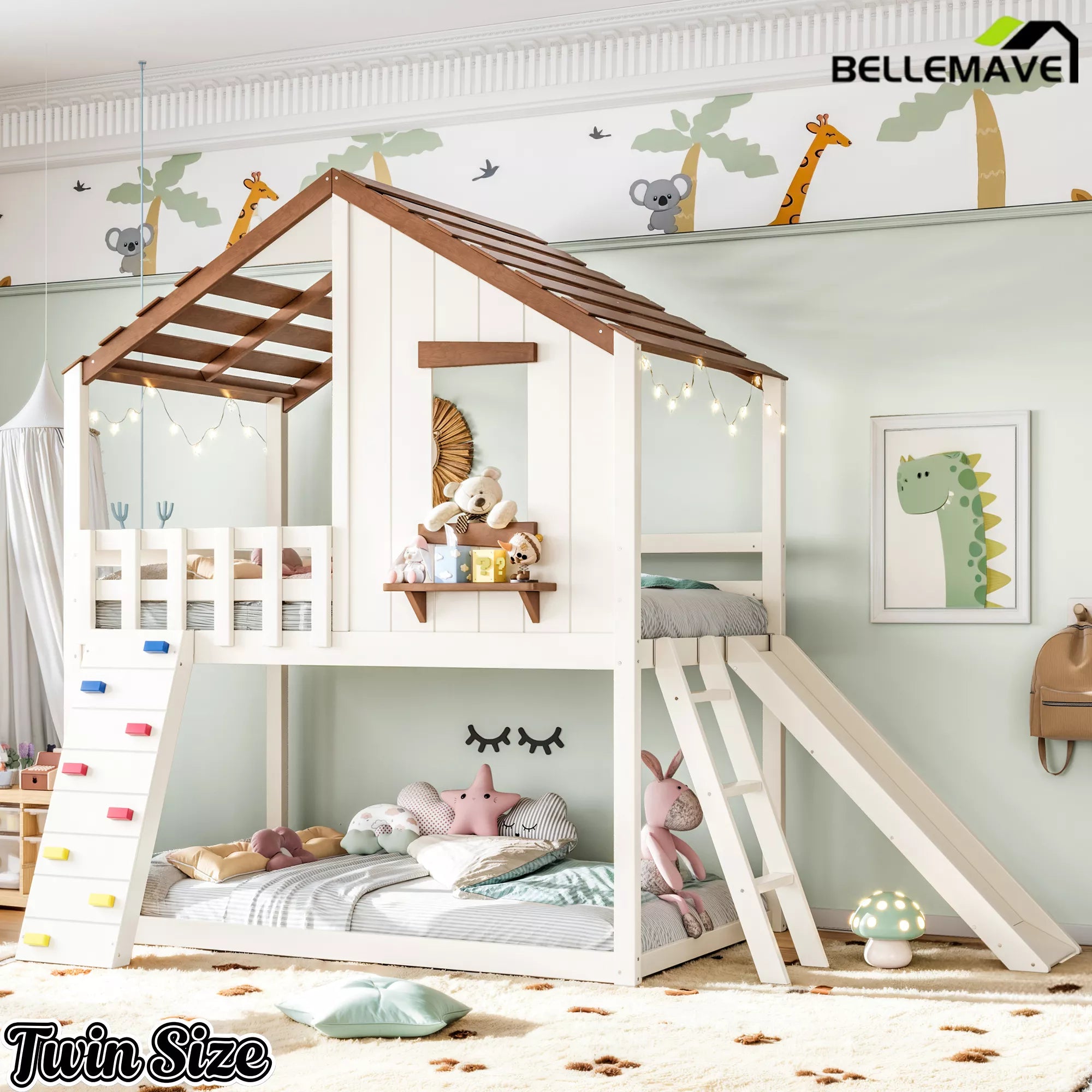 Twin playhouse loft bed with slide and ladder