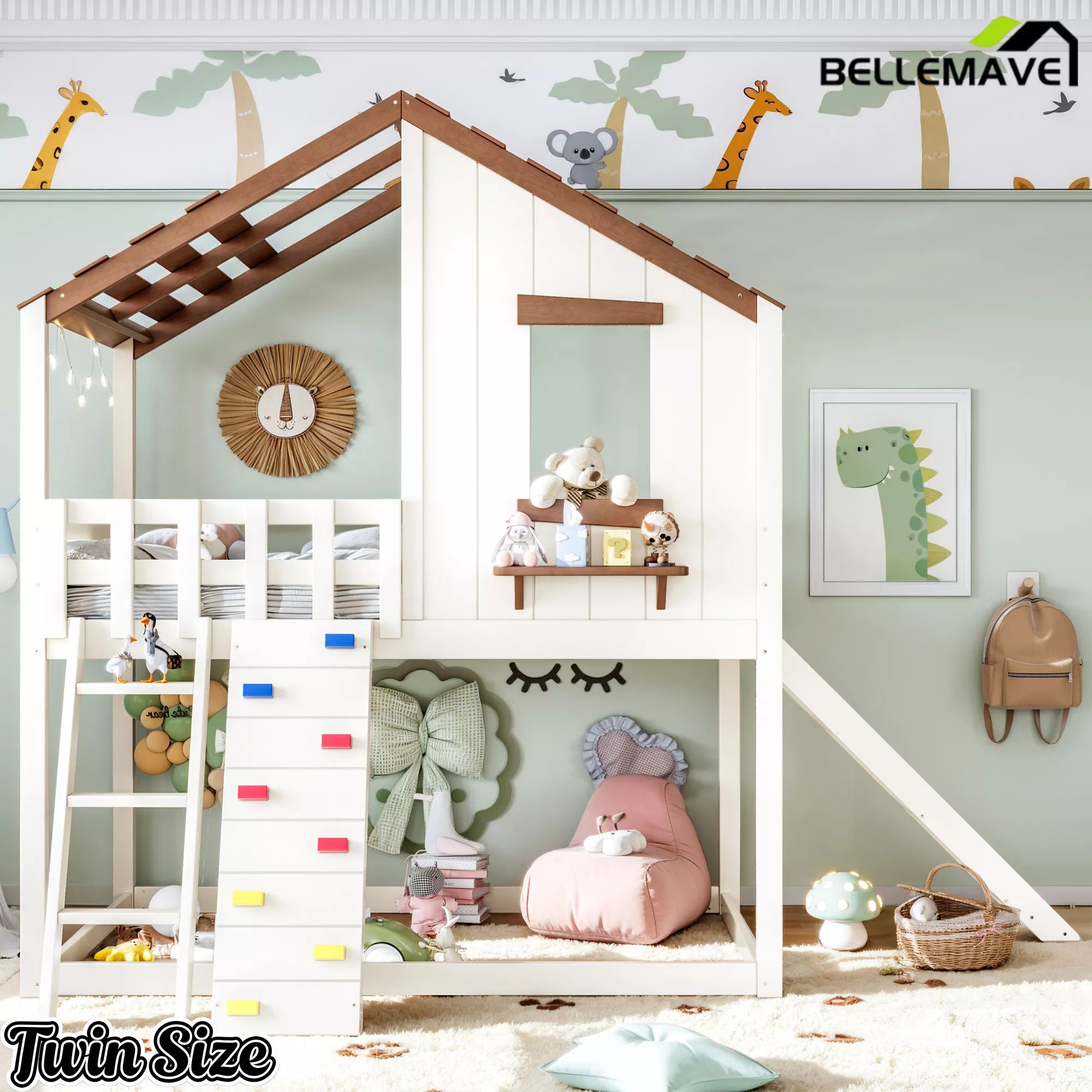 Twin wood loft bed with house roof design