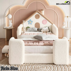 Twin size upholstered house floor bed front view
