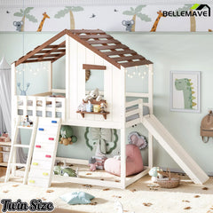 Twin kids loft bed with climbing and slide features