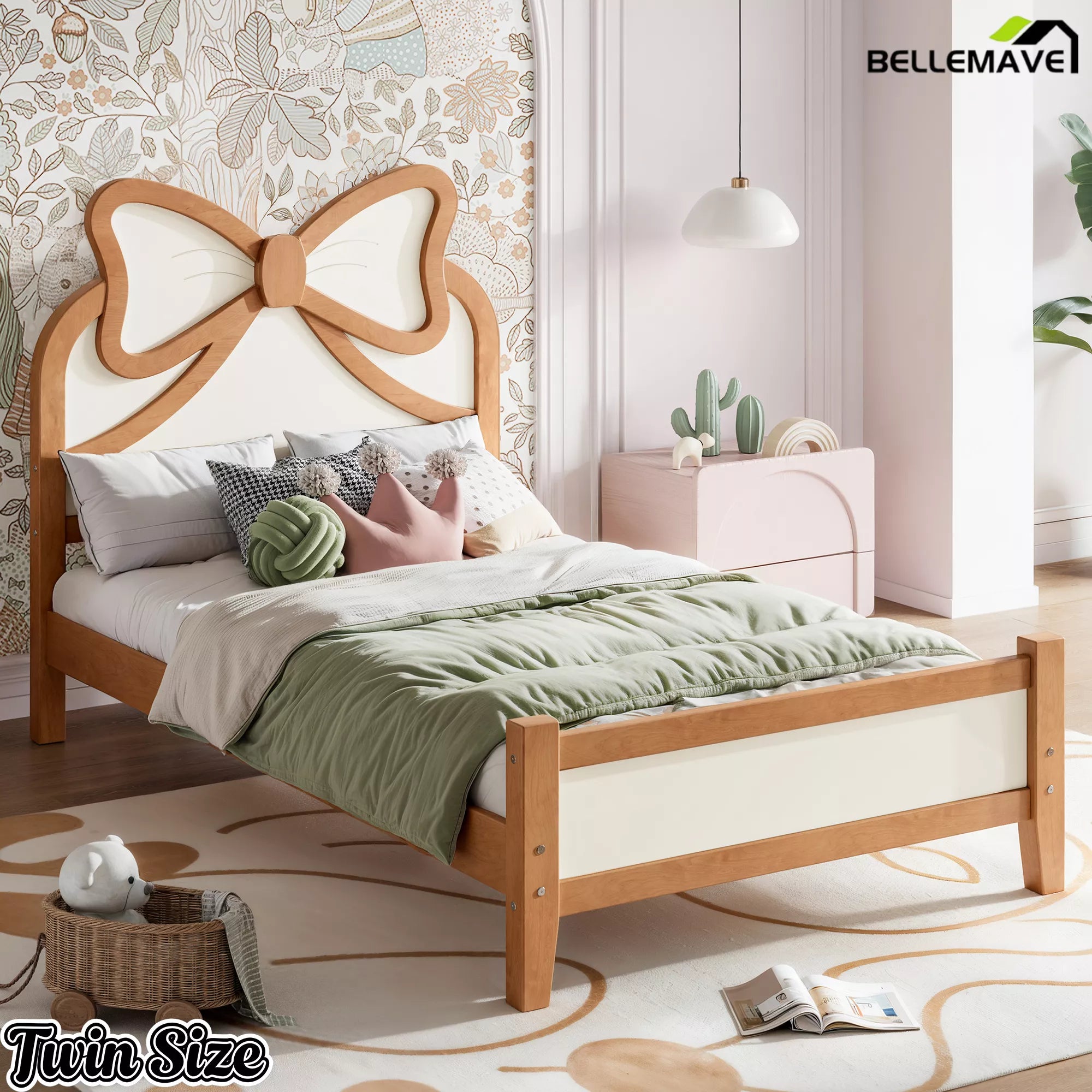 Twin Size Platform Bed with Bow Headboard in Kids Bedroom