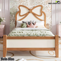 Front View of Twin Size Solid Wood Bed Frame with Bow Headboard