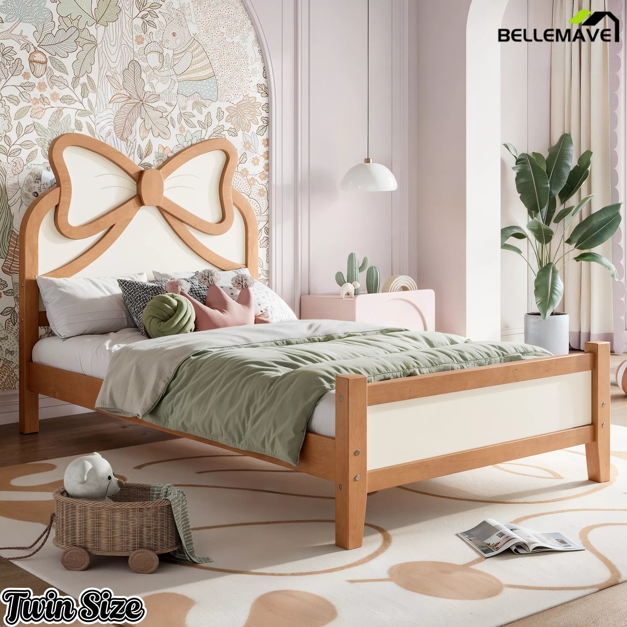 Angled View of Low Profile Twin Platform Bed with Bow Headboard