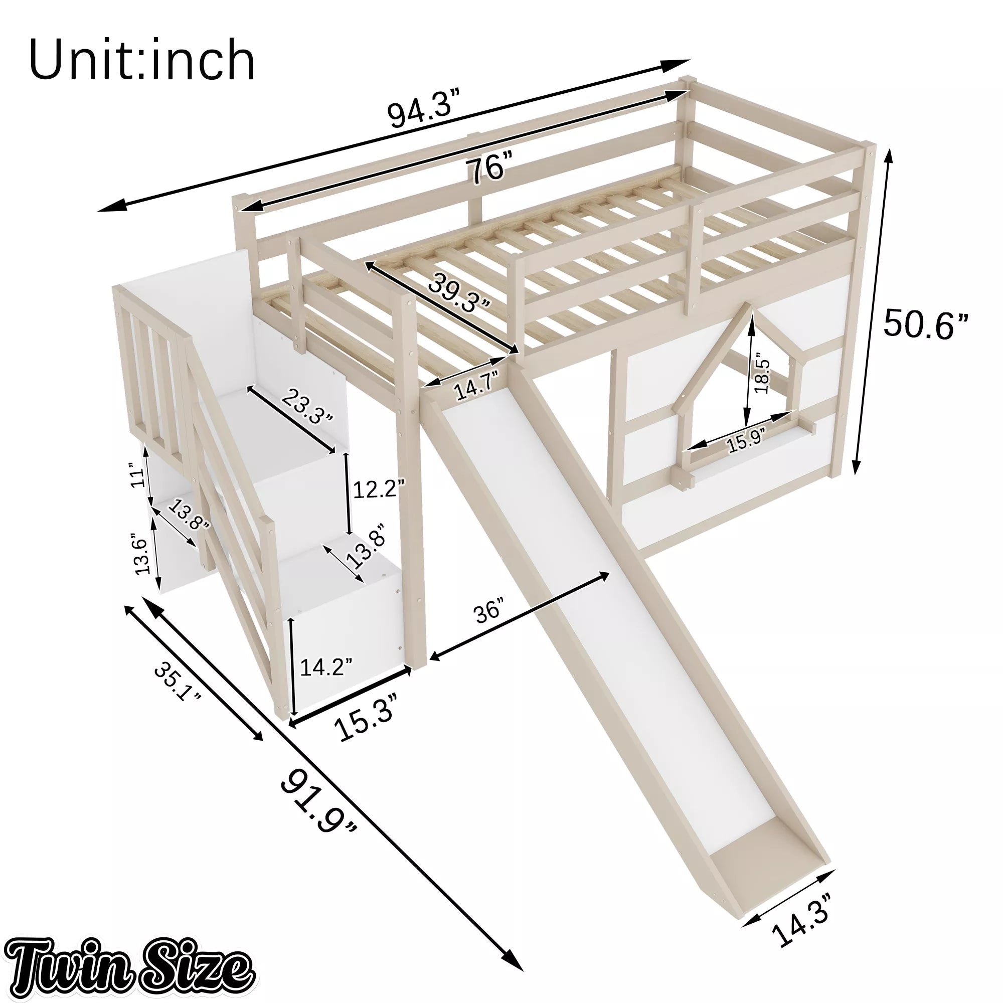 Twin low loft bed dimensions with storage stairs and slide