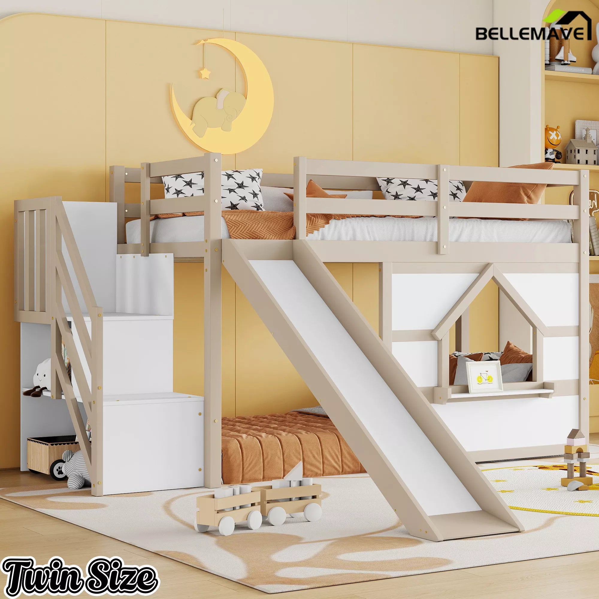 Kids twin low loft bed with storage stairs and slide in beige and white