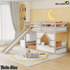 Twin loft bed with playhouse window and slide in beige and white
