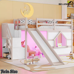 Twin loft bed with slide and playhouse window in beige and white