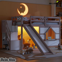 Kids loft bed with 7-color LED lights in beige and white