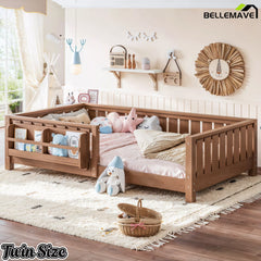 Natural wood twin Montessori floor bed with bookshelf