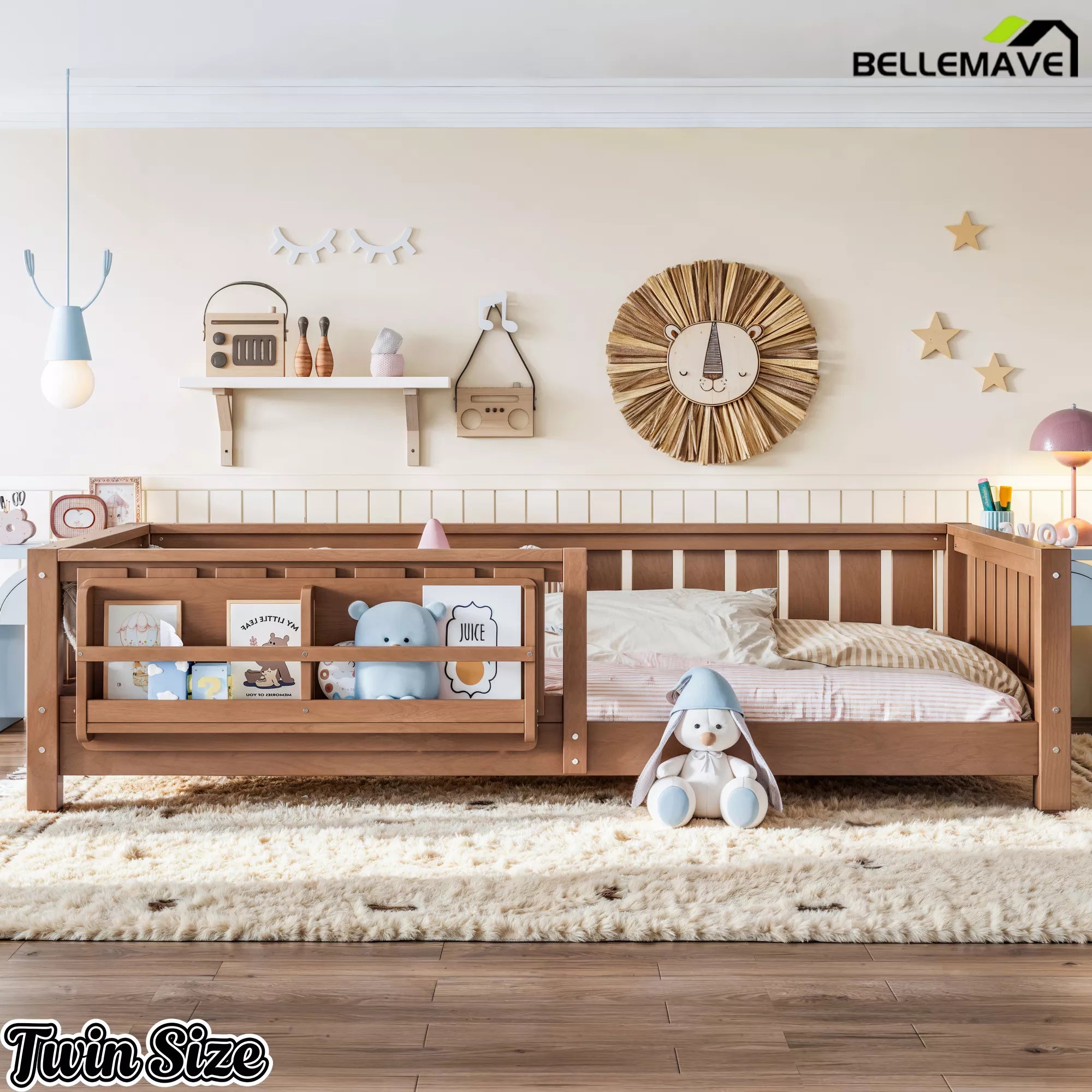 Twin kids floor bed with low profile wooden frame