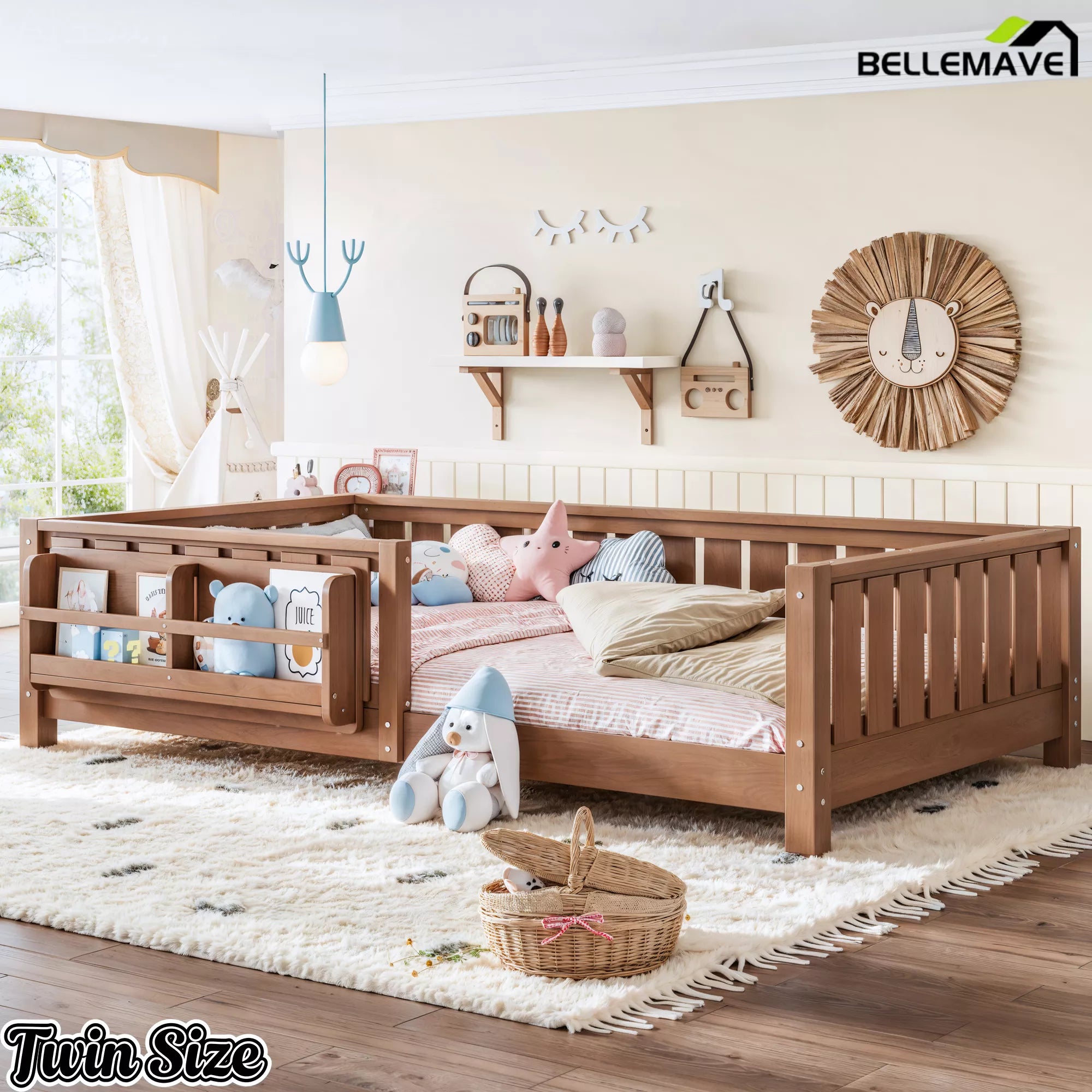 Natural color Montessori floor bed with safety guardrails