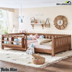 Natural color Montessori floor bed with safety guardrails