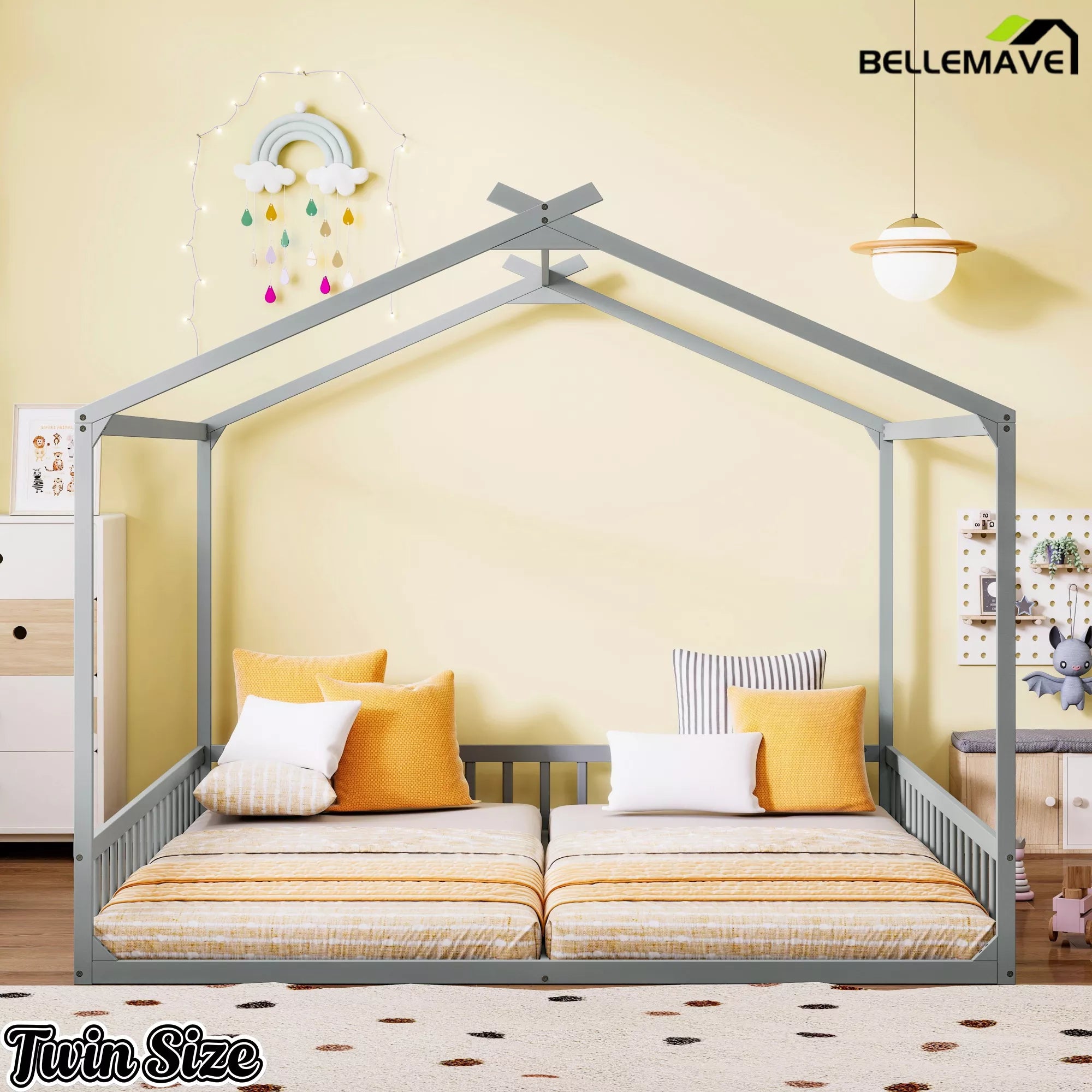 Twin house floor bed with roof frame bedroom scene