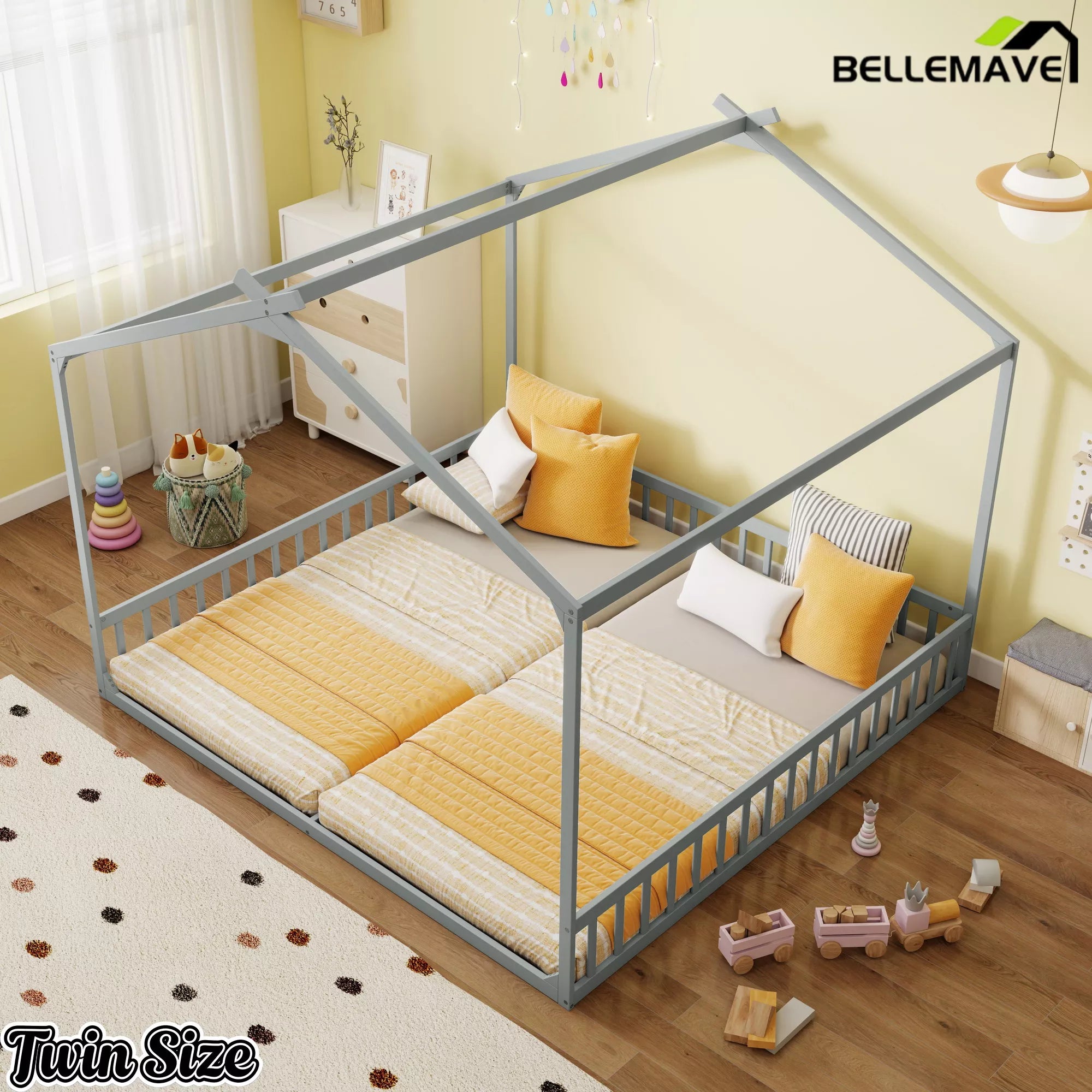 Twin house floor bed with gray frame bedroom setup