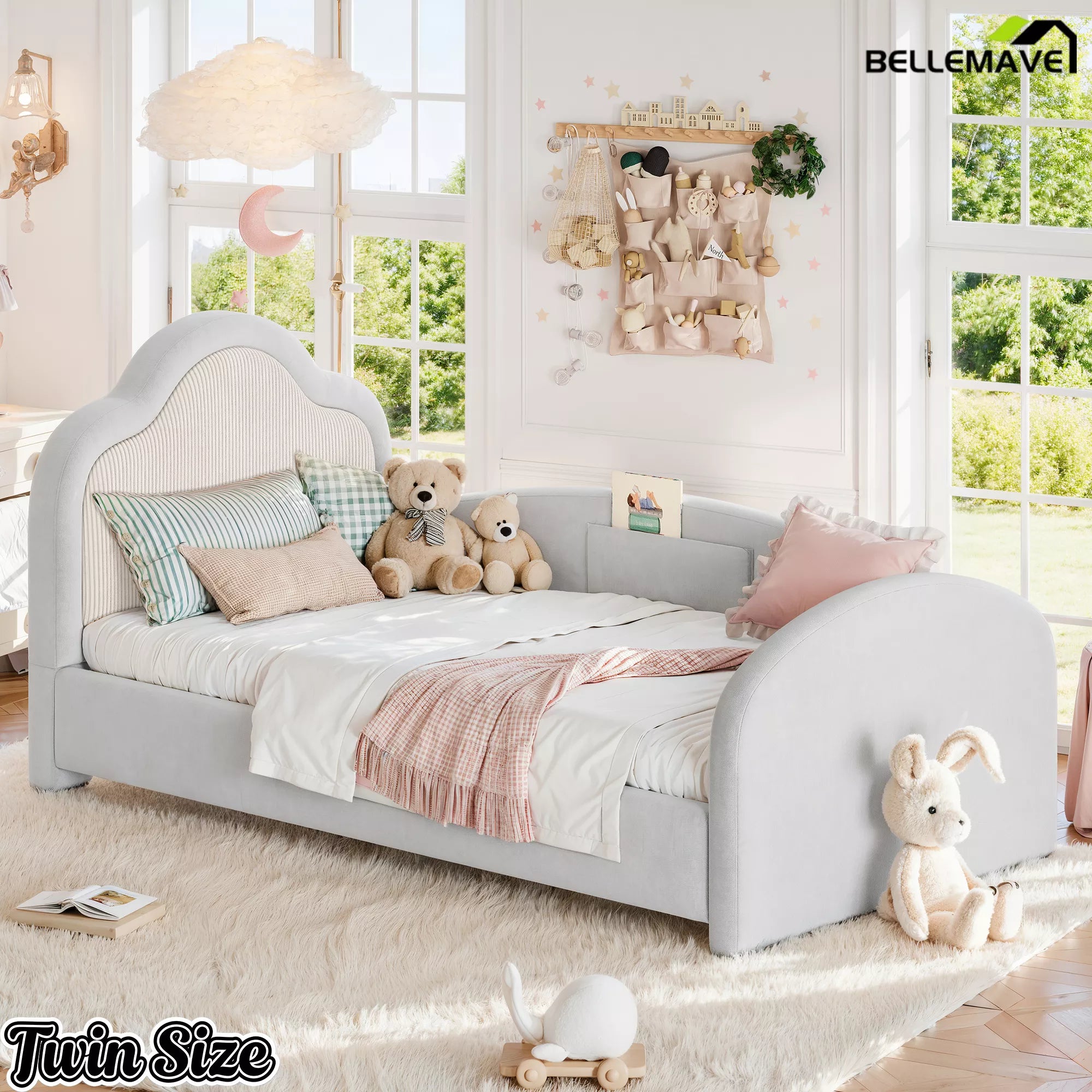 Twin Size Upholstered Floor Bed with Curved Headboard Gray