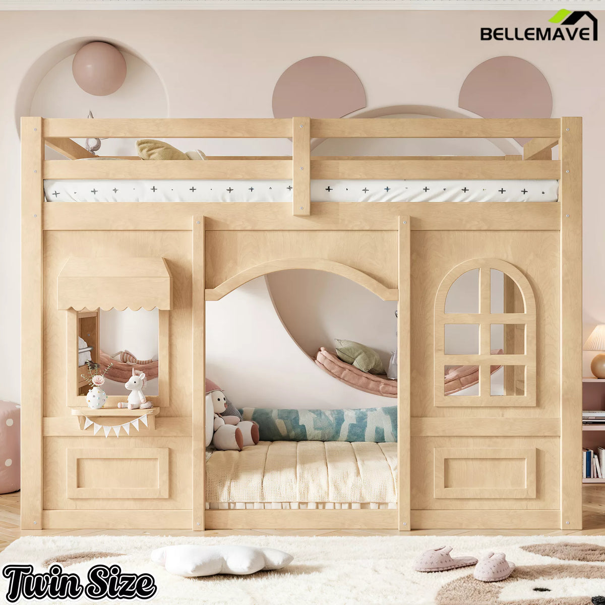 Twin kids loft bed with low height design and play space