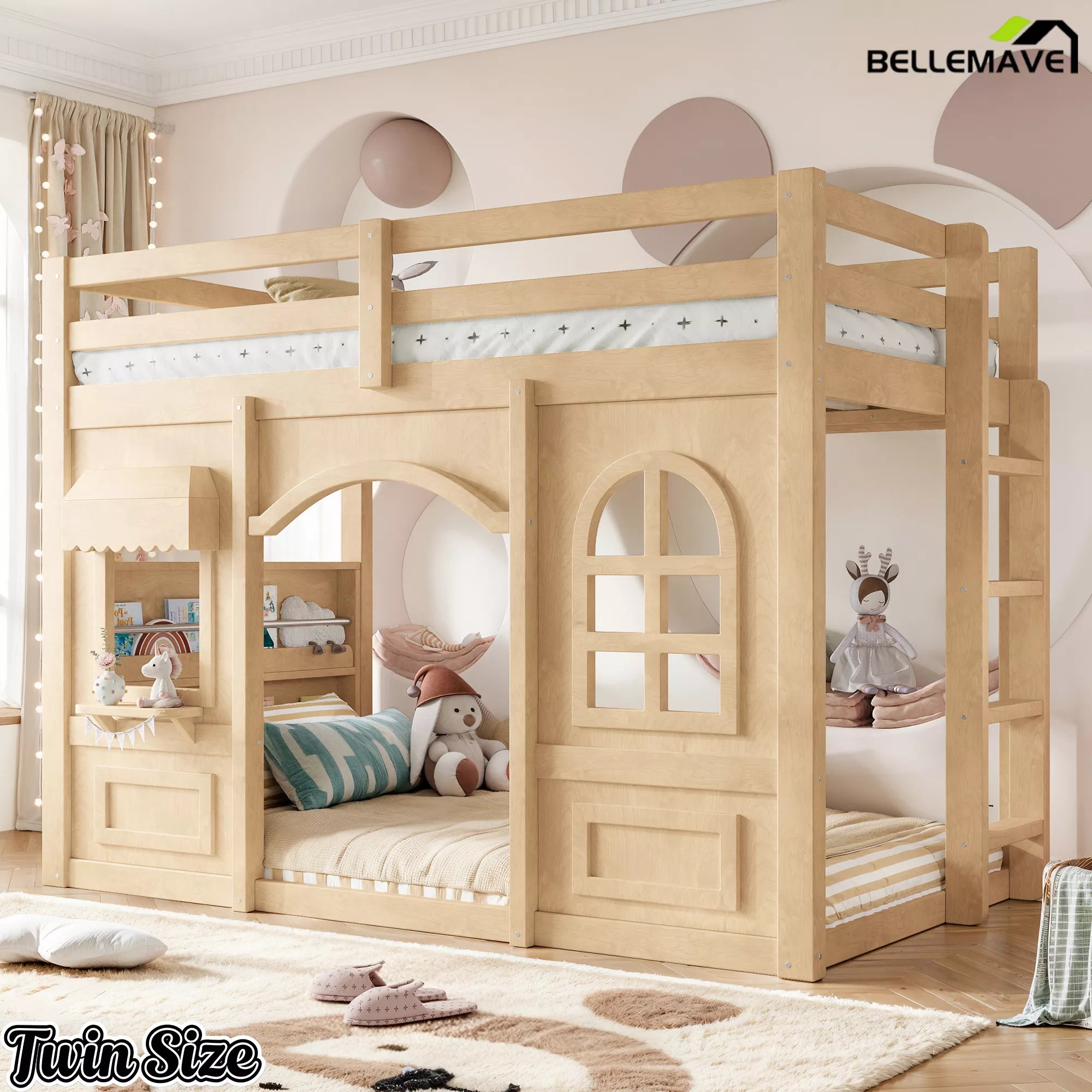 Natural wood twin loft bed with built-in storage shelves