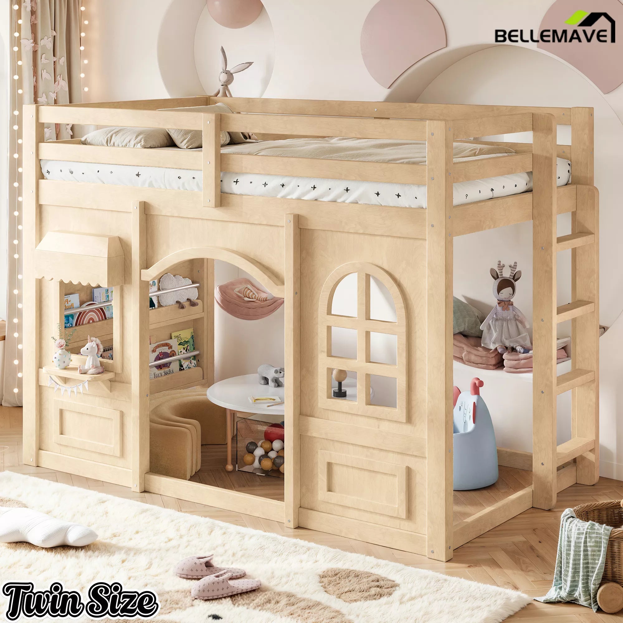 Twin size kids loft bed with storage shelves and decorative windows