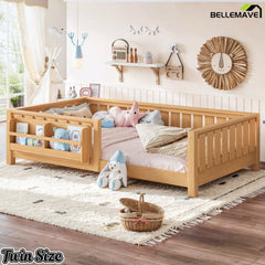 Natural twin floor bed with bookshelf and child safe design