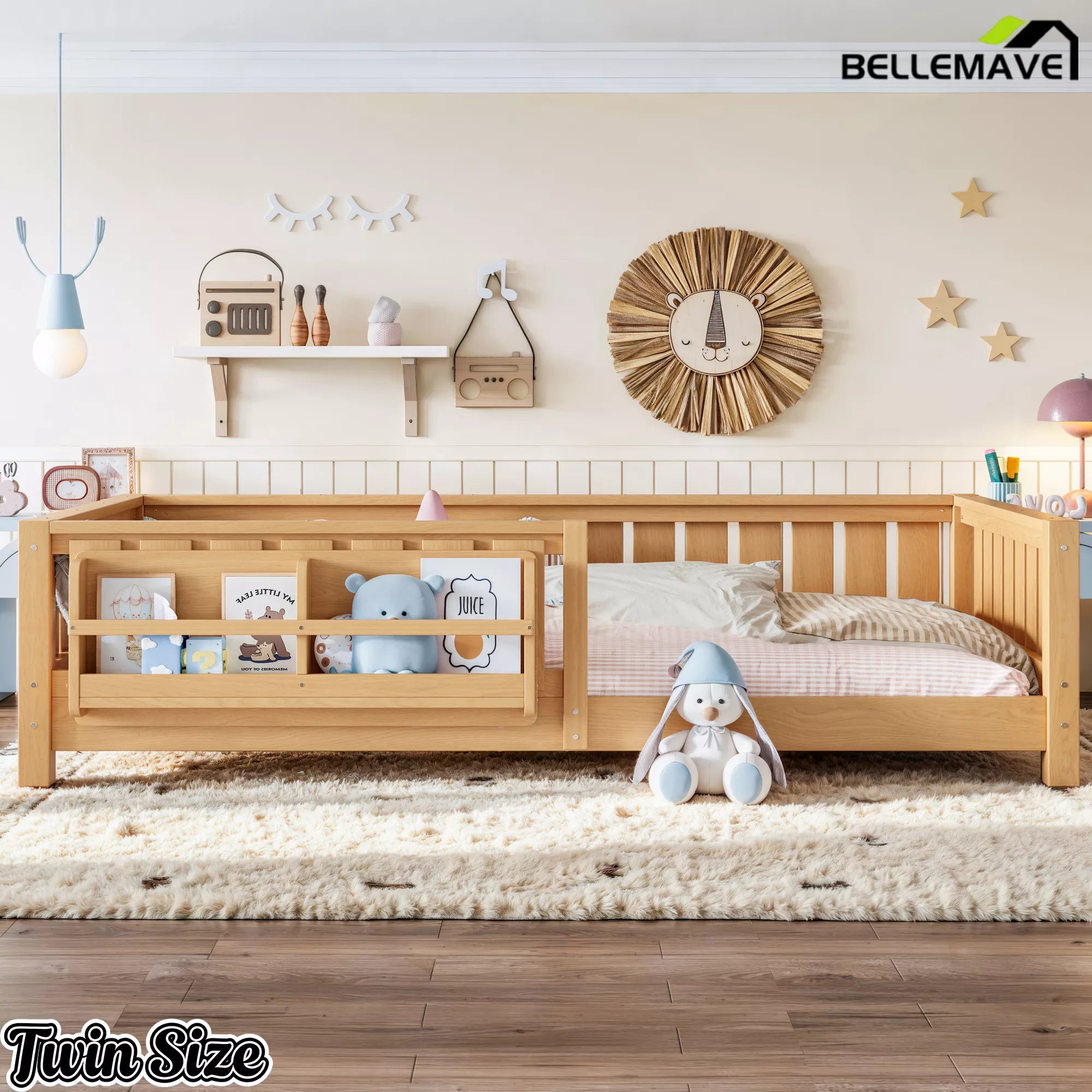 Wooden Montessori floor bed with built-in bookshelf