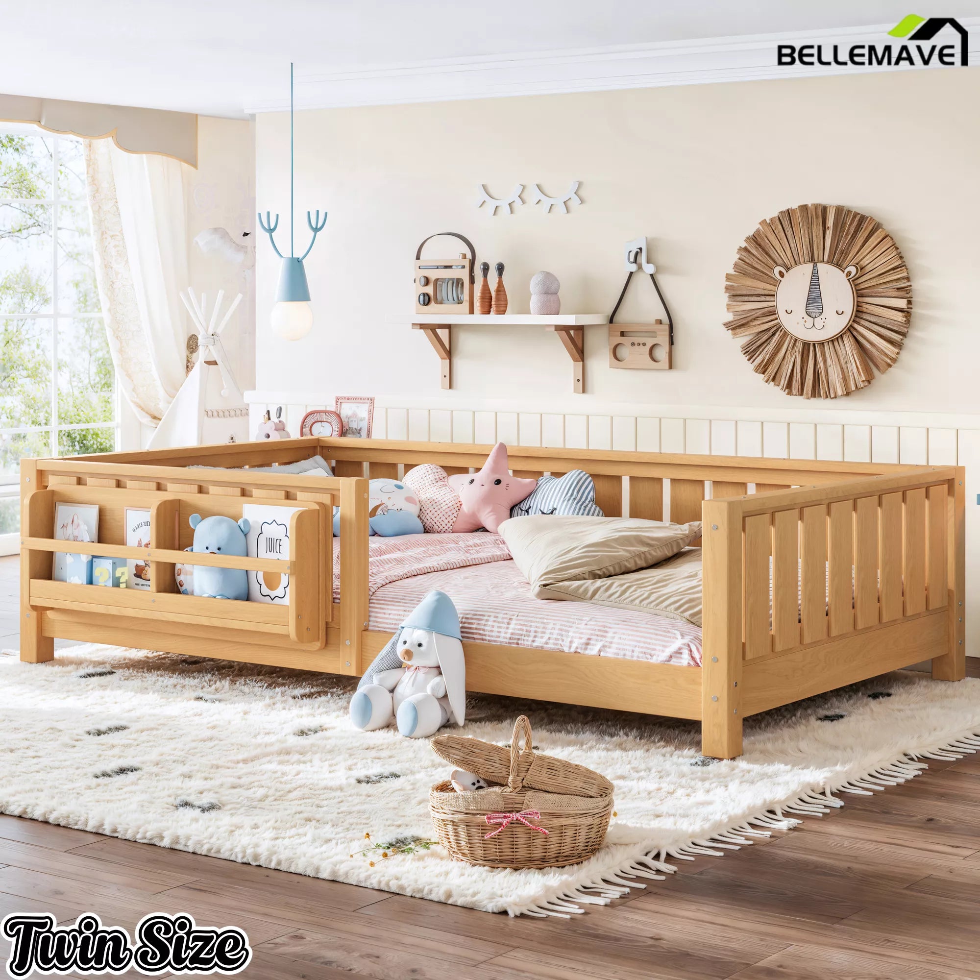 Twin kids floor bed with safety rails and low profile frame