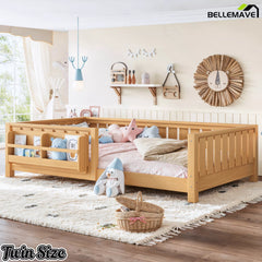 Twin kids floor bed with safety rails and low profile frame