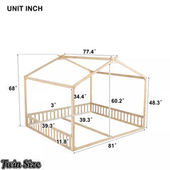 Natural wood twin house floor bed size diagram