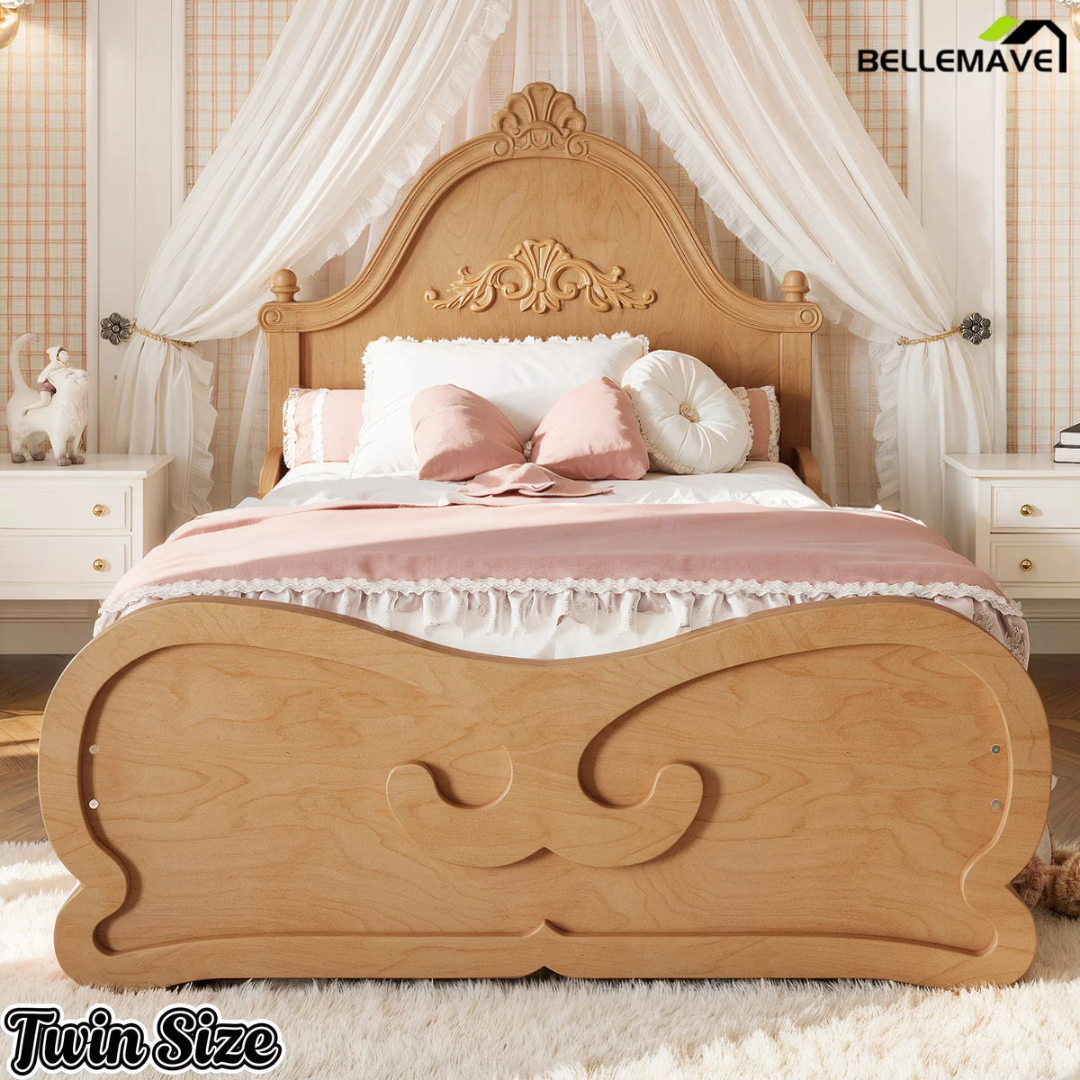 Natural Wood Twin Size Platform Bed with Headboard