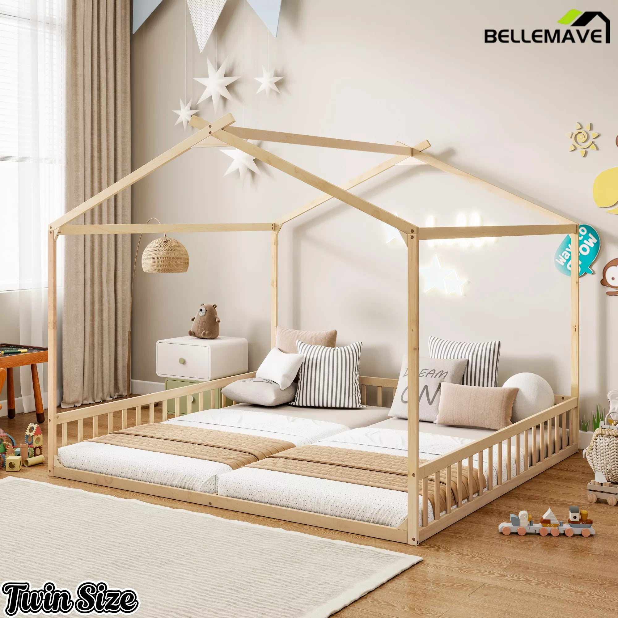 Natural wood twin house floor bed bedroom view