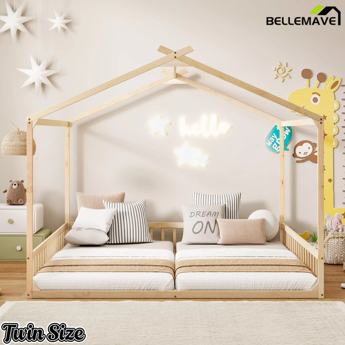 Natural wood twin floor bed with house frame design