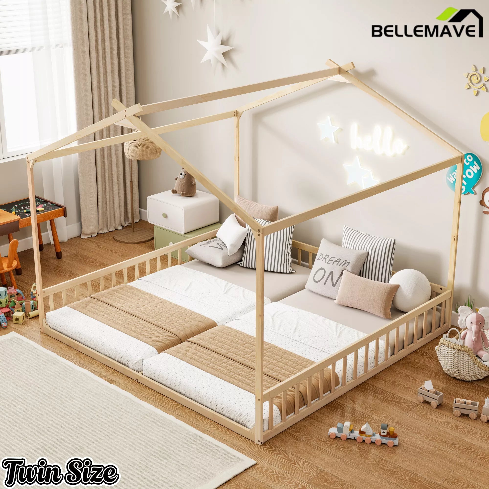 Natural wood house floor bed with safety rails