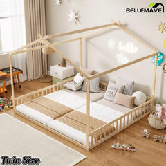 Natural wood house floor bed with safety rails