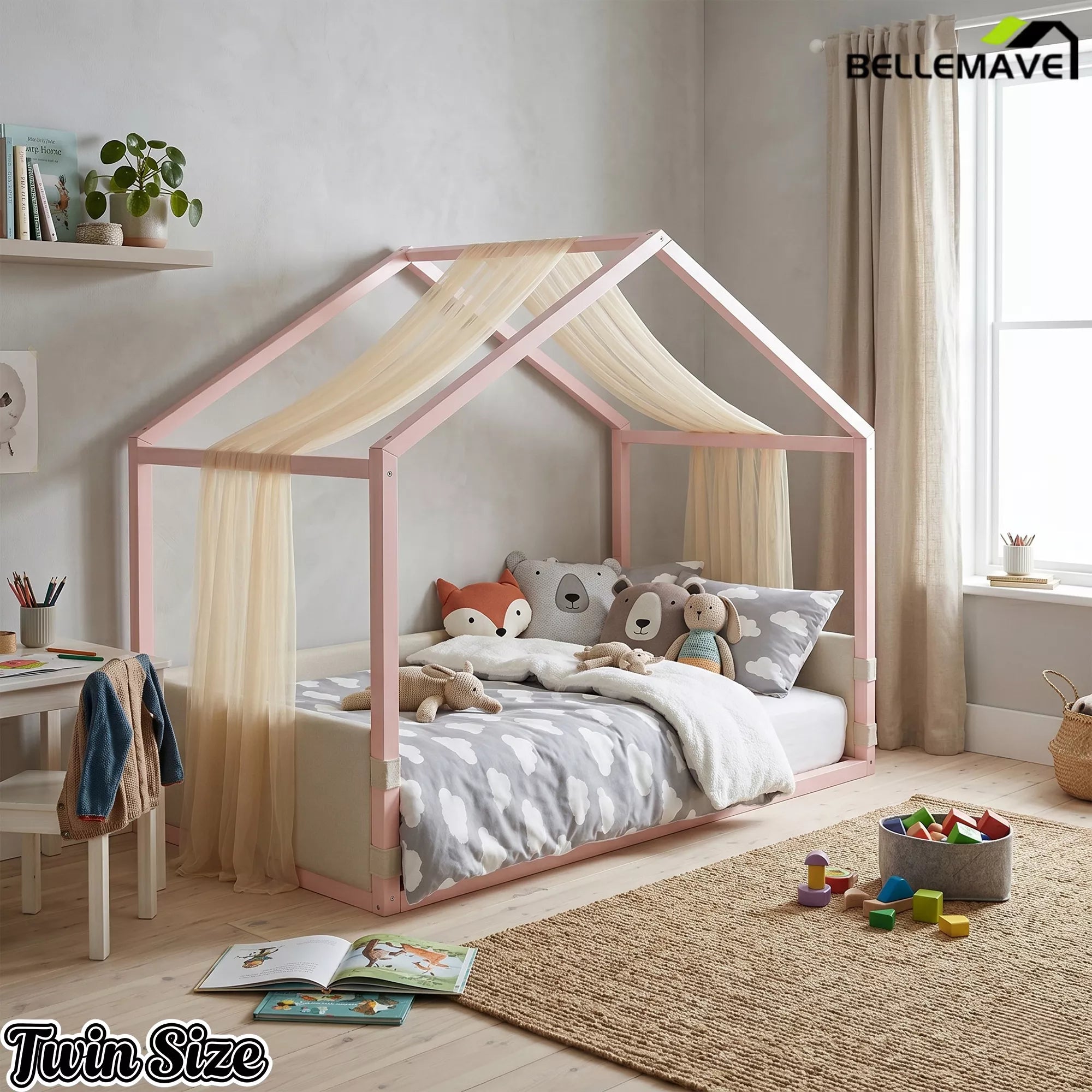 pink twin canopy bed with gauze canopy top